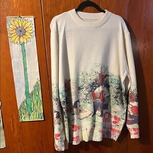 Charming White Sweater with Animal and Floral Design